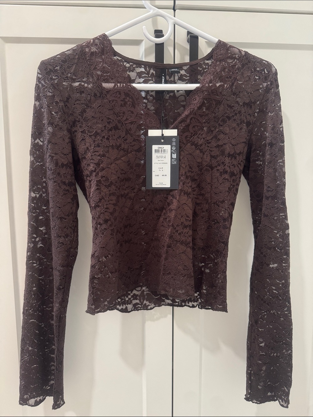 Only Brown Lace Long-Sleeve V-Neck Blouse